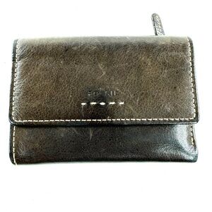 Fossil Brown Leather Trifold Snap Small Wallet Credit Cards Cream Stitches
